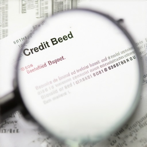 Close up of a credit report being audited with a magnifying glass and a certified mail receipt nearby.