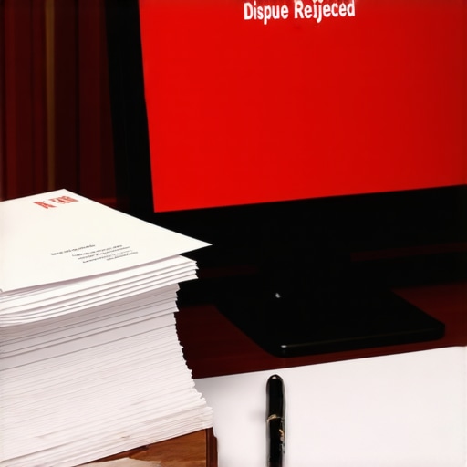 A computer screen showing a rejected online dispute compared to physical mail and legal documents.