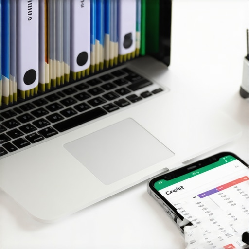 A desk with organized credit repair files and digital tracking tools.