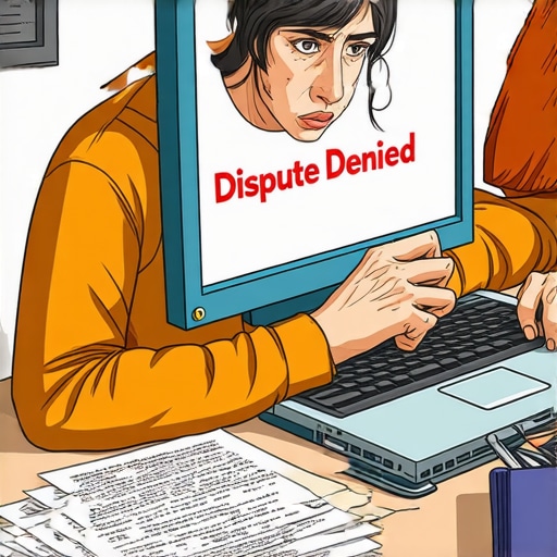 Person at desk with physical letters and a denied online credit dispute screen.