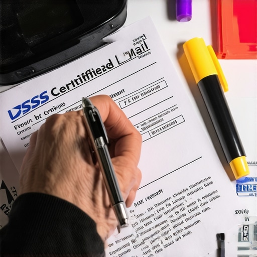 A USPS certified mail receipt being held over credit documents and a calculator