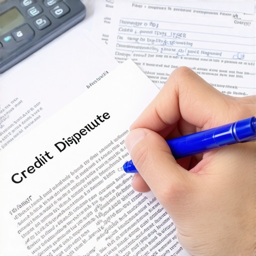 A hand signing a credit dispute letter with certified mail documents nearby.
