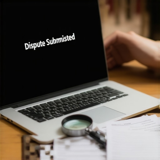The risks of online credit disputes Frustrated individual comparing online dispute confirmation with physical legal documents