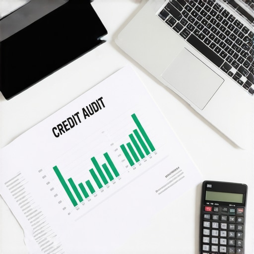 Professional credit audit tools including a financial spreadsheet and physical files.