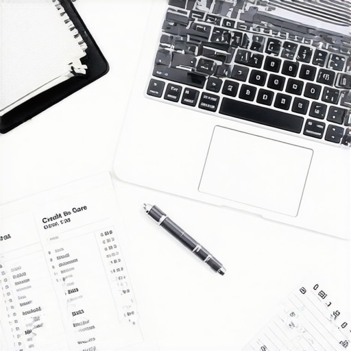 A desk with a laptop displaying a financial spreadsheet for credit score maintenance and a notebook for tracking statement closing dates.