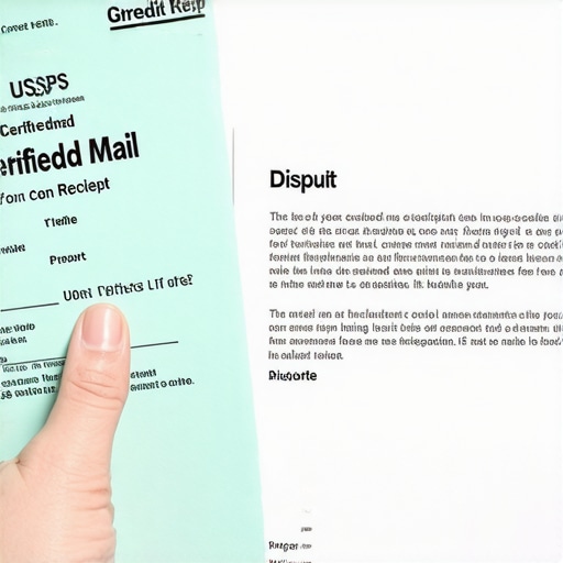 A person holding a green USPS Certified Mail receipt and a dispute letter to fix their credit score.