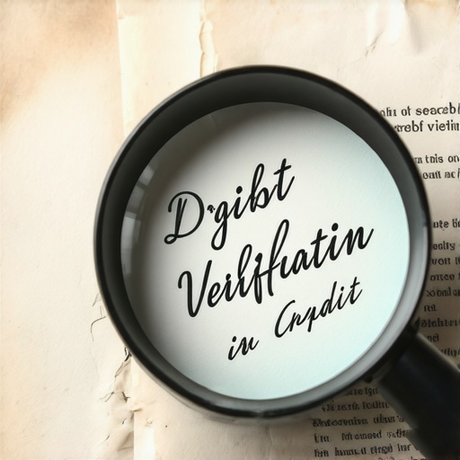 A magnifying glass examining an old contract signature to verify credit debt.